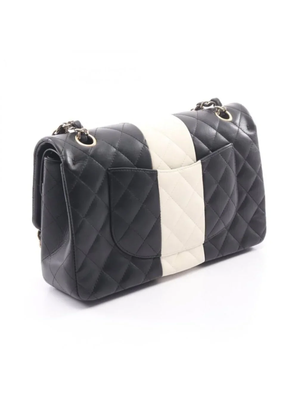 Chanel Shoulder Bag Quilted Double Flap Black White Lambskin Bicolor Chain